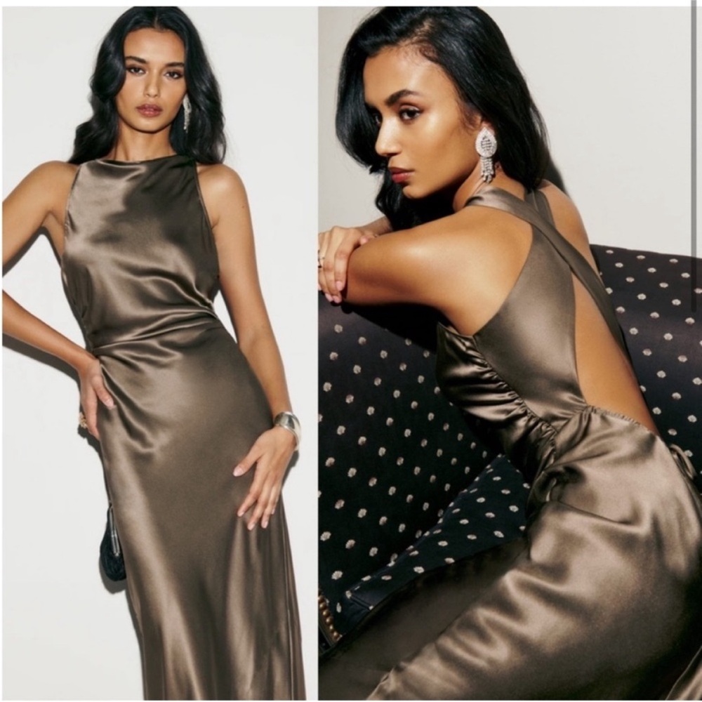 NWT Reformation Anaiis Morel Brown 100% Silk High Neck Open Back Maxi Dress Gown - Picture 6 of 15